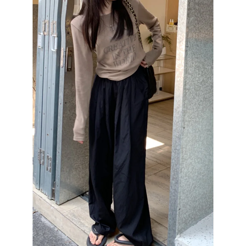 للمرأة قيعان أسود الرباط Sweatpants عادية عالية الخصر مستقيم التطهير السراويل موضة فضفاض واسع الساق بنطلون السيدات Autum #6