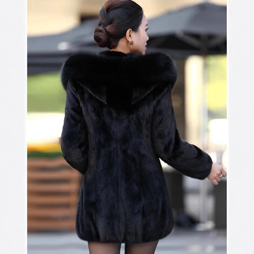 Autumn Winter New Women's Faux Rabbit Fur Thick Hooded Faux Fox Fur Collar Mid-Long Coat 2