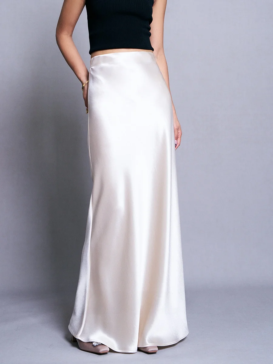KARFELY Triacetate Satin Half Skirt Ultra Long Floor Length Skirt Acetate Skirt Elastic Waist Drapey Shape A-Line Skirt