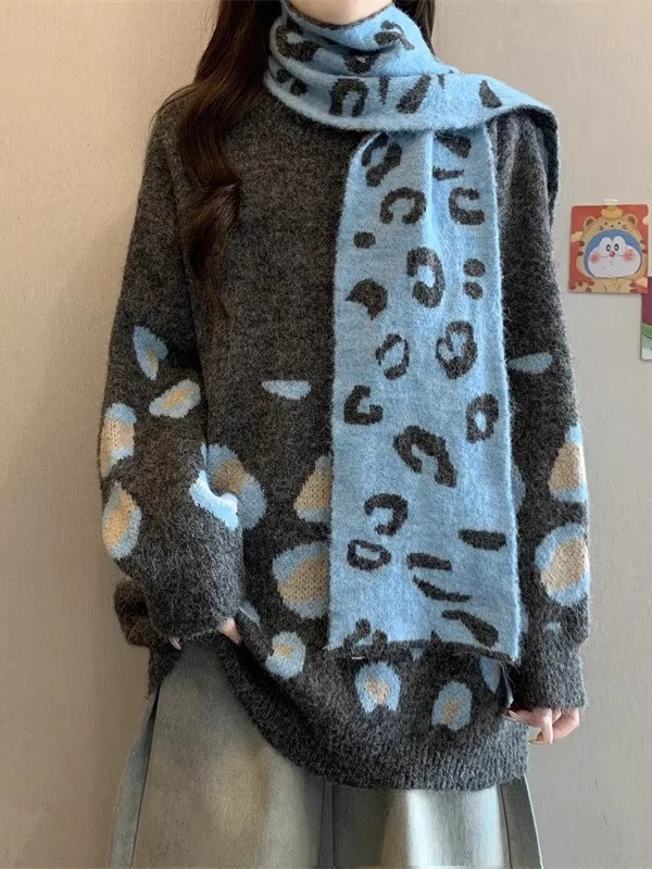 レディース-ゆったり-レオパード柄-スカーフ-セーター-冬新作-スリープラスサイズ-オーバーヘッド-ニットトップス-女性用-ファッション-プラスサイズ