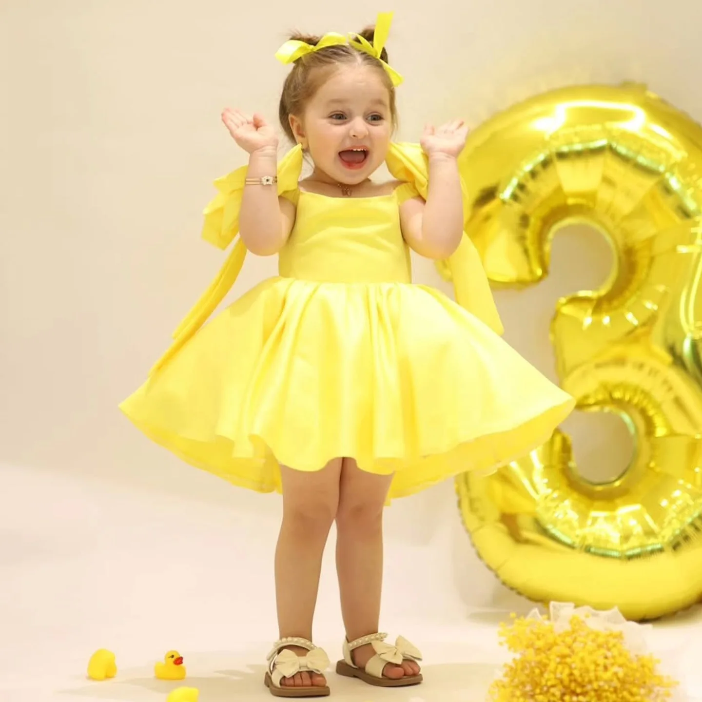 

Party Princess Frocks New Puff Sleeves Kids Solid Color Christmas Girls One Year Old Dresses With Big Bow Festive Dress For Girl