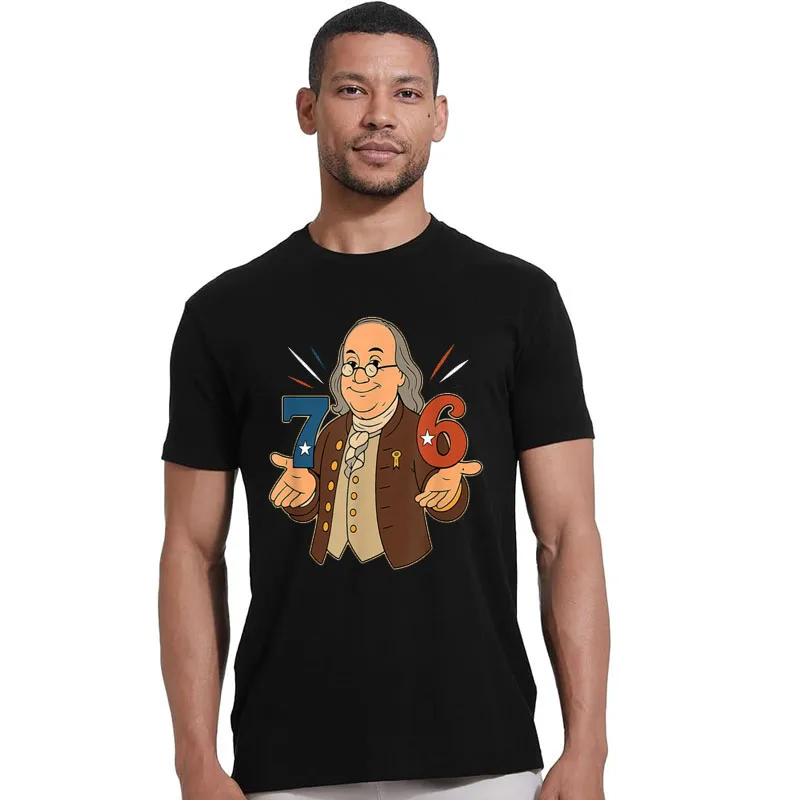 7-6 1776 مضحك بنيامين بن فرانكلين ميمي ستة سبعة 6-7 تي شيرت الرجال الموضة فرحان الثقافة التاريخية Y2k الفن تيز #1