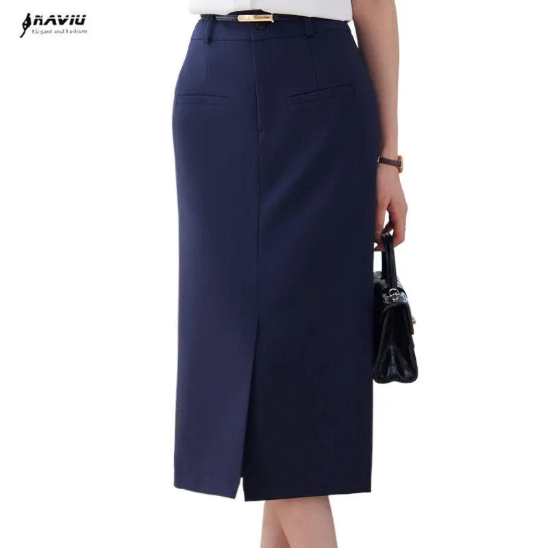 

NAVIU Vintage Women's Skirt With Side Slit Midi Skirt Pencil Hight Waist Sashes Elegant Korean Fashion Black Skirt Navy Blue