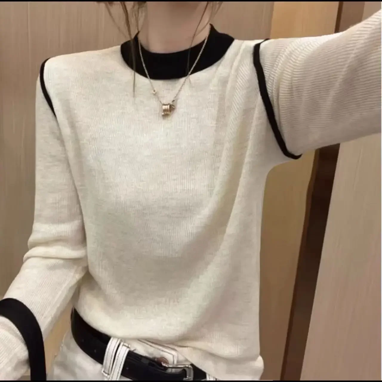 Autumn Winter Pullovers Women O-neck Panelled Knitted Loose Basic All-match Chic Female Tops Long Sleeve Warm Windproof Street