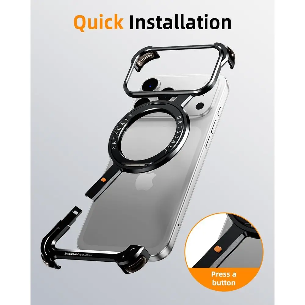 Aluminum Frameless 360° Rotating Stand iPhone 17 Pro Max Case, Shock-Resistant Protective Shell, Black