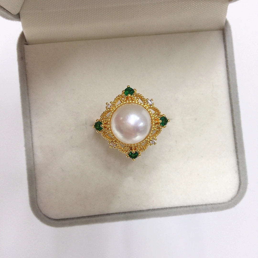 ZHBORUINI 2024 5A High Brightness Natural Freshwater Pearl Ring 10mm Non Core Pearl 14K Genuine Gold Plated Lace Green Zircon