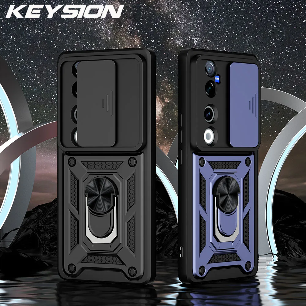 KEYSION Shockproof Armor Case for VIVO V40 5G V40 Pro 5G Slide Camera Protection Ring Stand Phone Back Cover for VIVO V40 Pro 5G