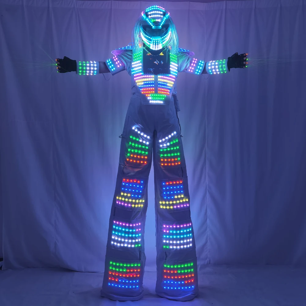 Pixels LED Robot traje disfraz ropa a todo Color pecho inteligente pantalla Stills andador láser guante casco