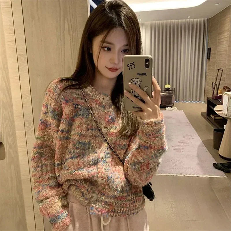 

QNPQYX Sweet Soft Rainbow Cardigan Women Harajuku Long Sleeve Knitted Sweaters Female Korean Fashion O Neck Loose Outwear 2023