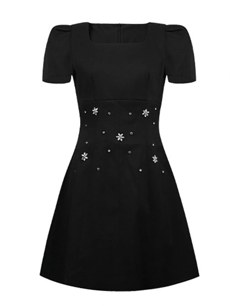 여성 블랙 스퀘어 넥 슬림 A라인 미니 숏 드레스 여름 라인스톤 스파클 파티 프롬 데이트 정장 캐주얼 드레스