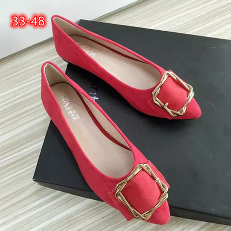 Women Simple Metal Buckle Flats Nubuckle Leather Pointy Toe Outdoor Slip-On In Red Beige Narrow Tender Feet Footwear 33-48 28cm