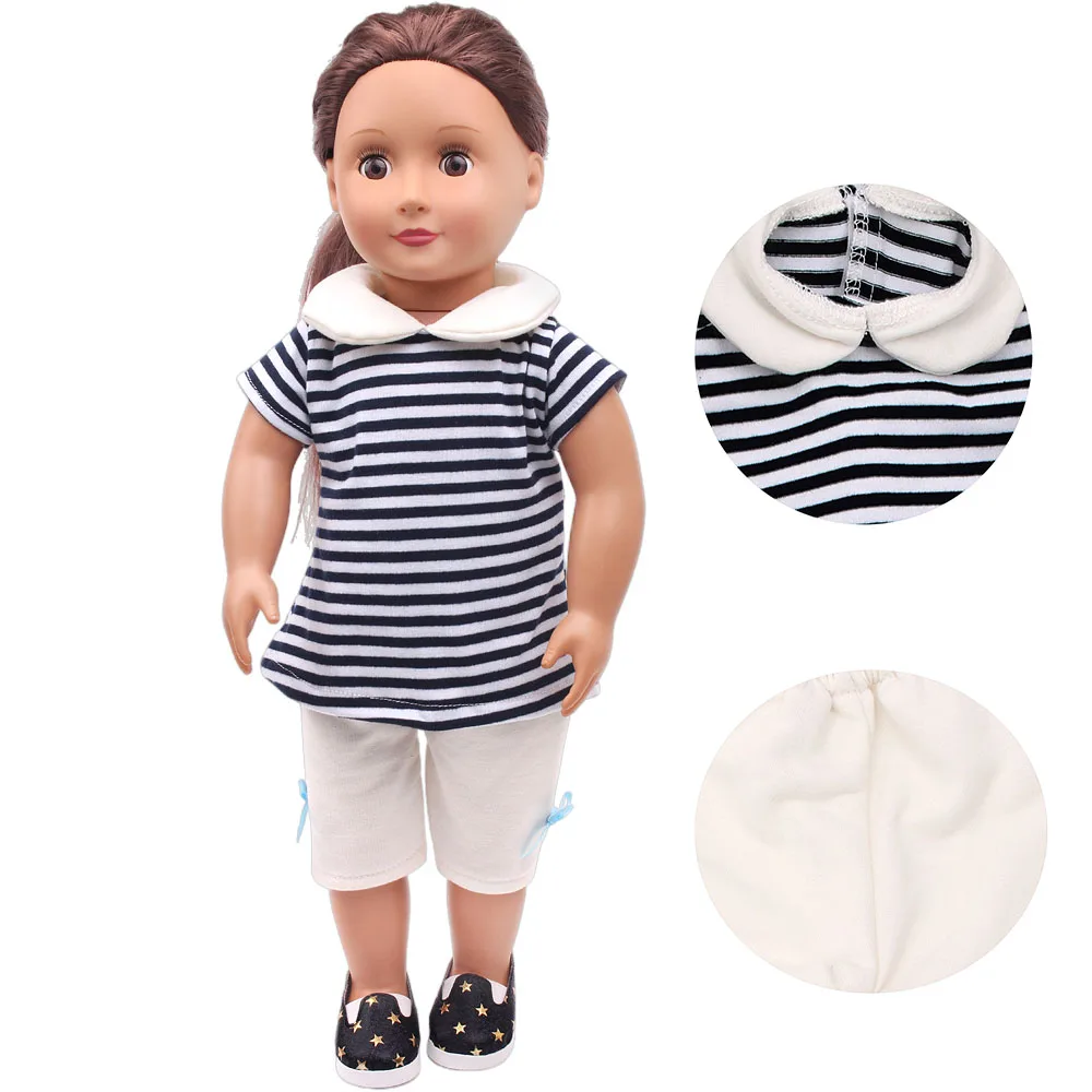 18 Inch Doll Girl Striped Set Doll Daily Easy to Wear Doll Collar Striped Top White Pants Simple to Match Doll Accessories