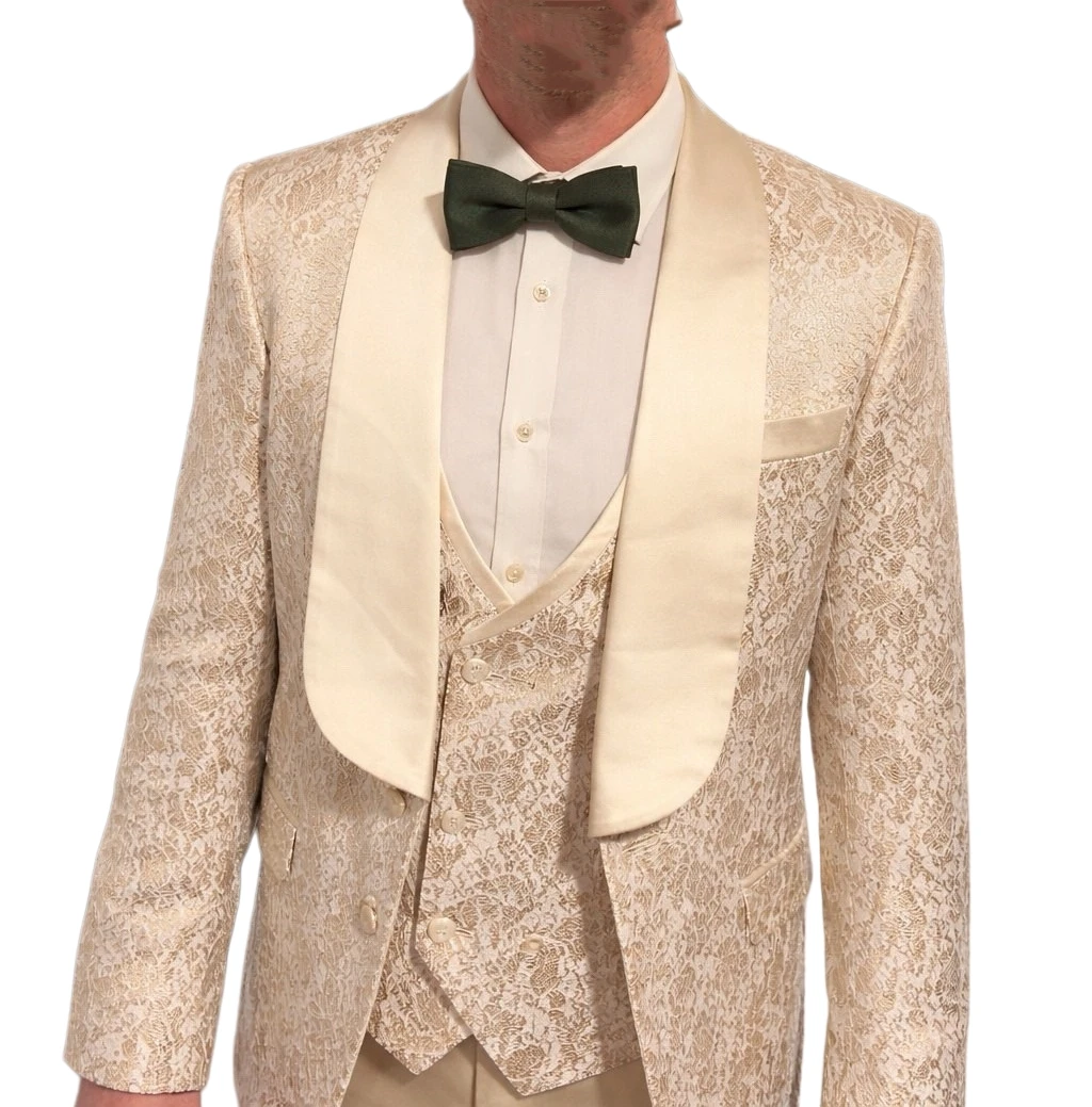 

3 Pieces Wedding Tuxedo for Groom Champagne Jacquard Men Suits Slim Fit Formal Blazer Vest Pants Set for Prom Party Outfits