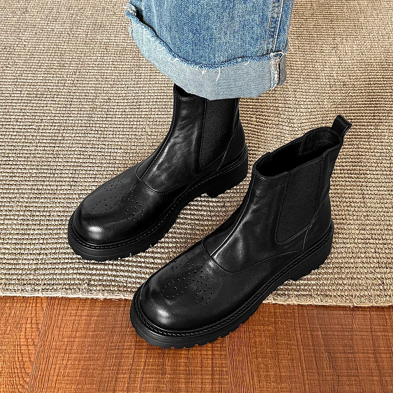 2027 New Autumn Genuine Leather Women Boots Round Toe Ankle Boots for Women Chunky Heels Block Winter Boots Chelsea Shoes
