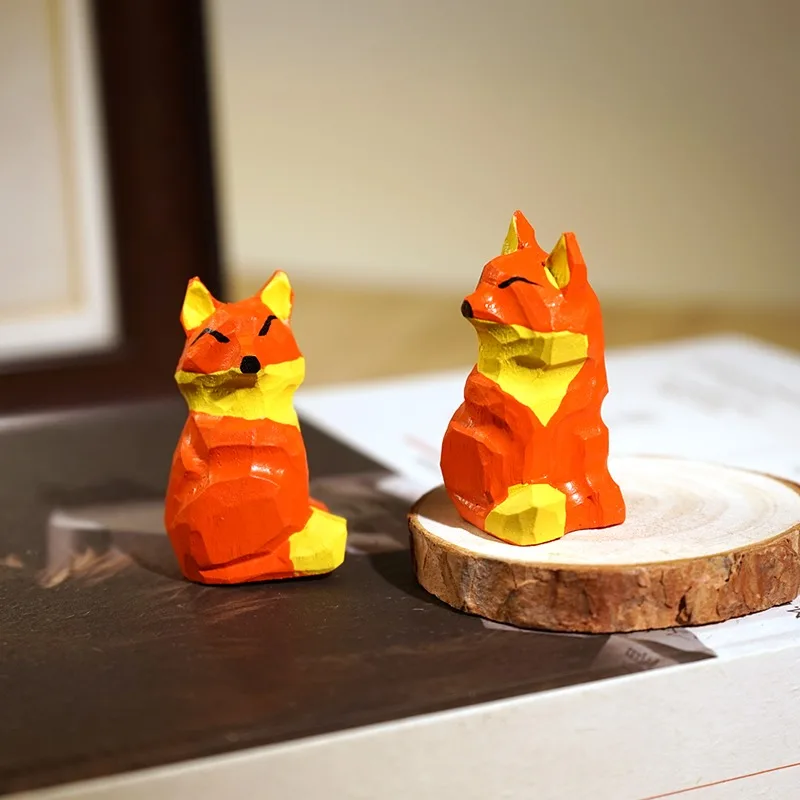 1 PC Miniature Fox Hand Carved Wood Statue Adorable Cartoon Timber Figurine Student Desk Decoration Wooden Animal Craft Ornament