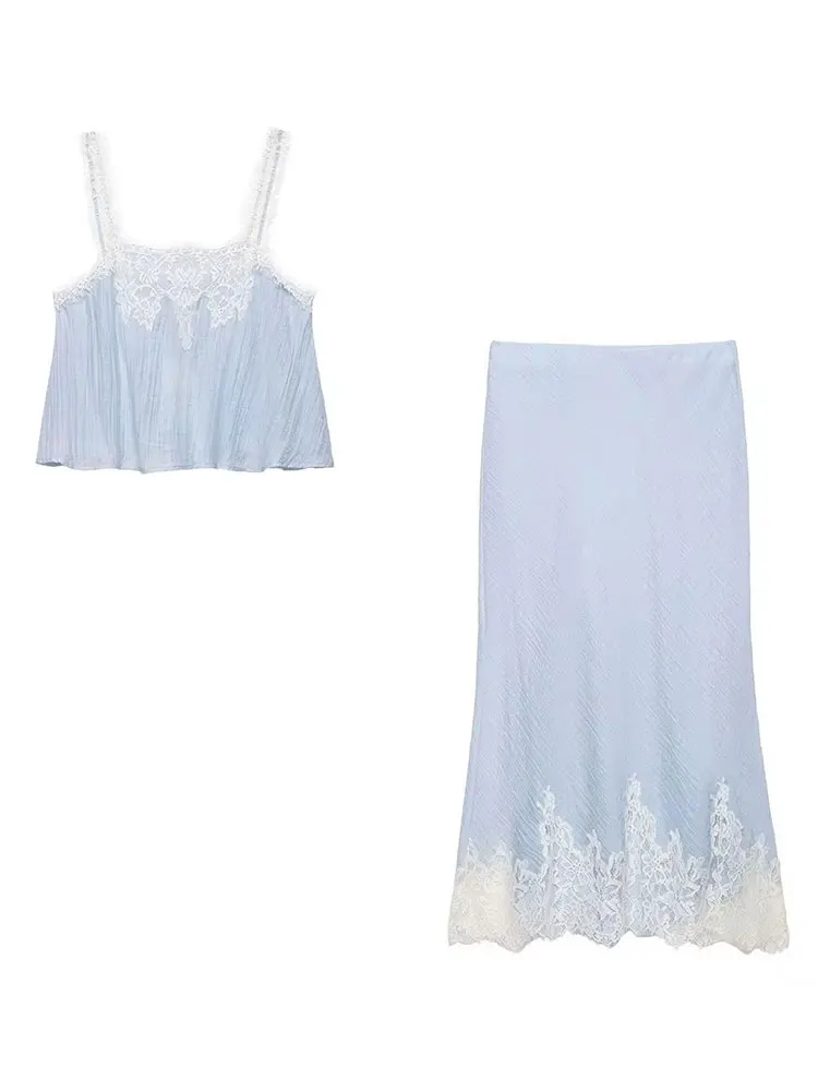 Womens Blue 2 Piece Set Floral Lace Trim Spaghetti Strap Cami High Waist Midi Skirt High Street Casual Summer Vacation Suit view 6