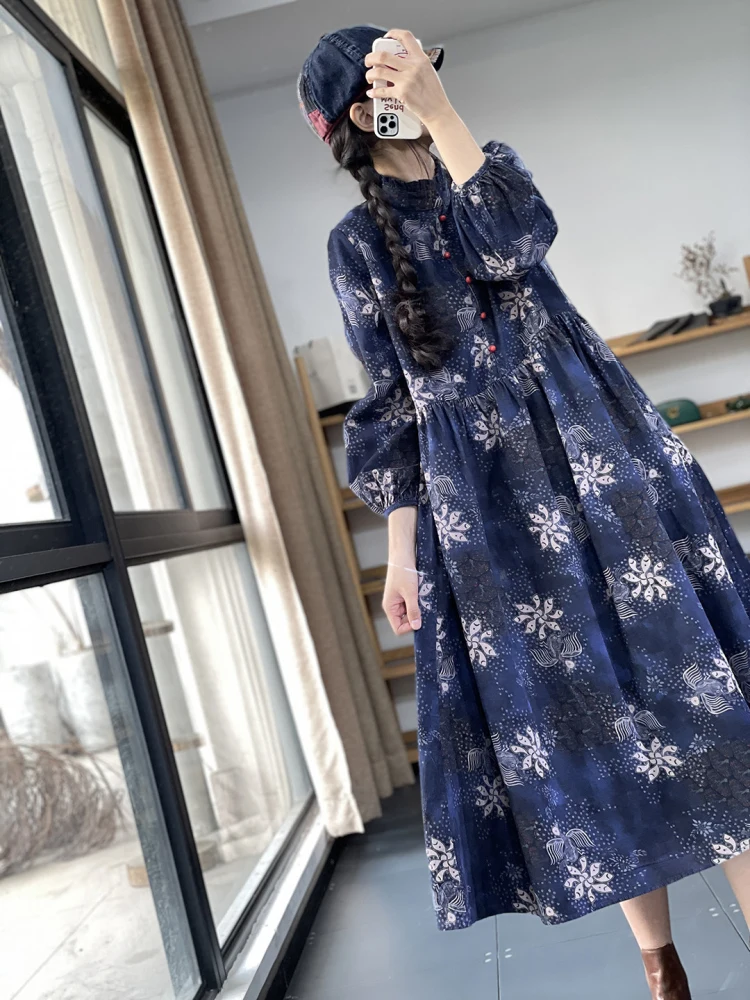 Retro artístico étnico estampa longa Sve feminino Dr primavera outono solto emagrecimento madeira ain saia coreana Sle A-Line...