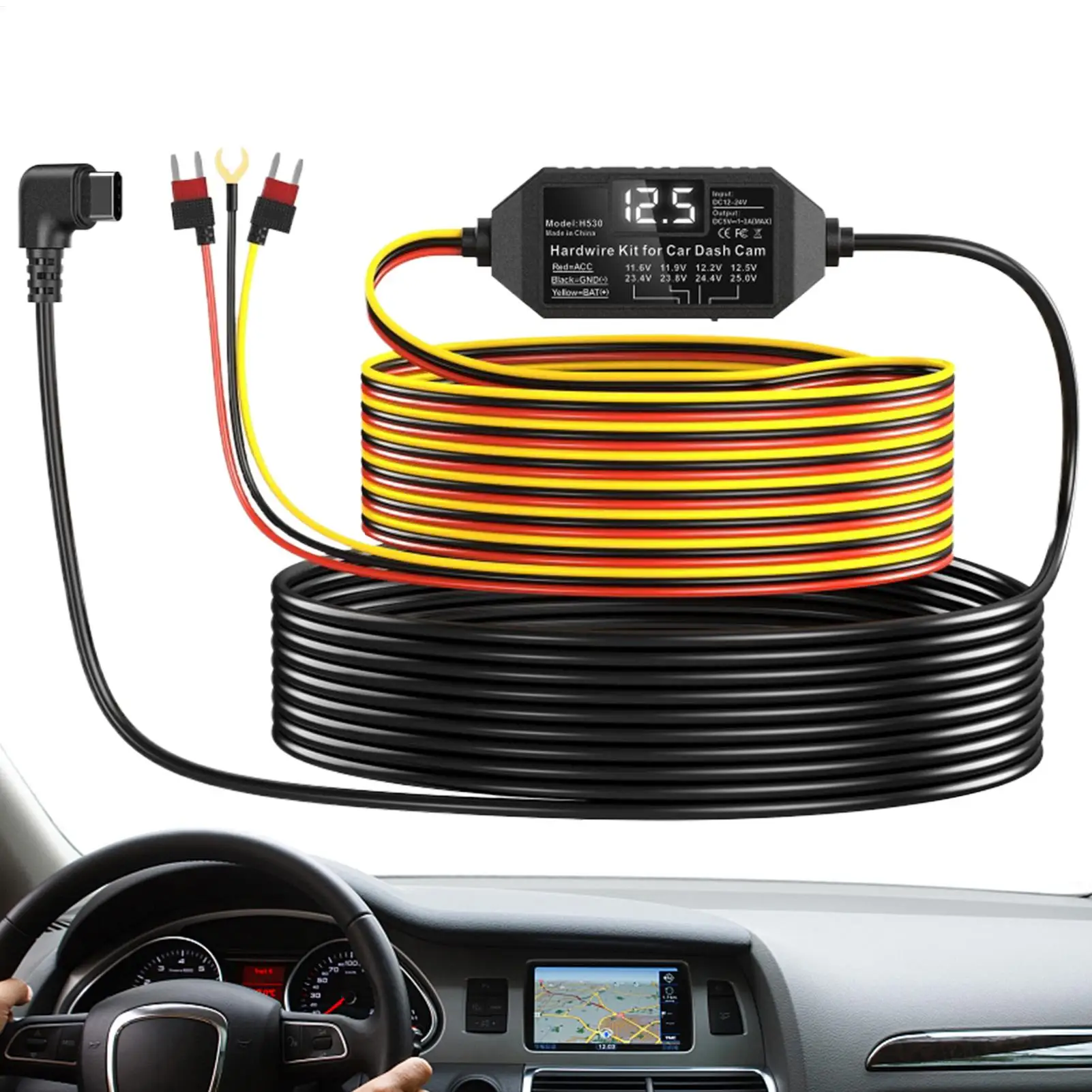 Dash Cam Hardwire 3 Lead Car Dash Camera Charger Cord With Display Voltage Monitor Type C Hard Wire For Vehicle Safety Systems