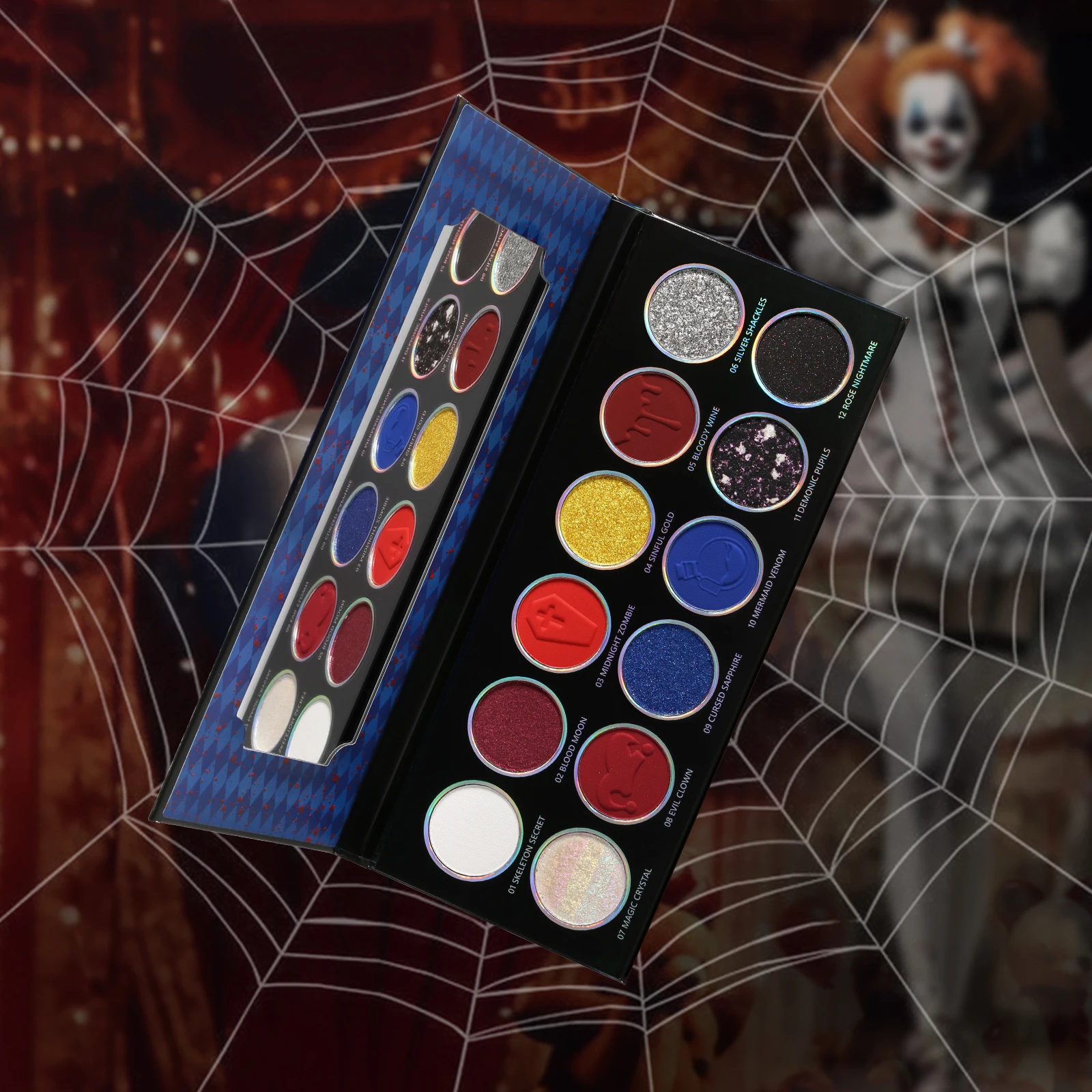 Paleta de sombras multicromadas azuis vermelhas, sombra brilhante prateada metálica de alto pigmento para maquiagem gótica, palhaço/joker esfumaçado