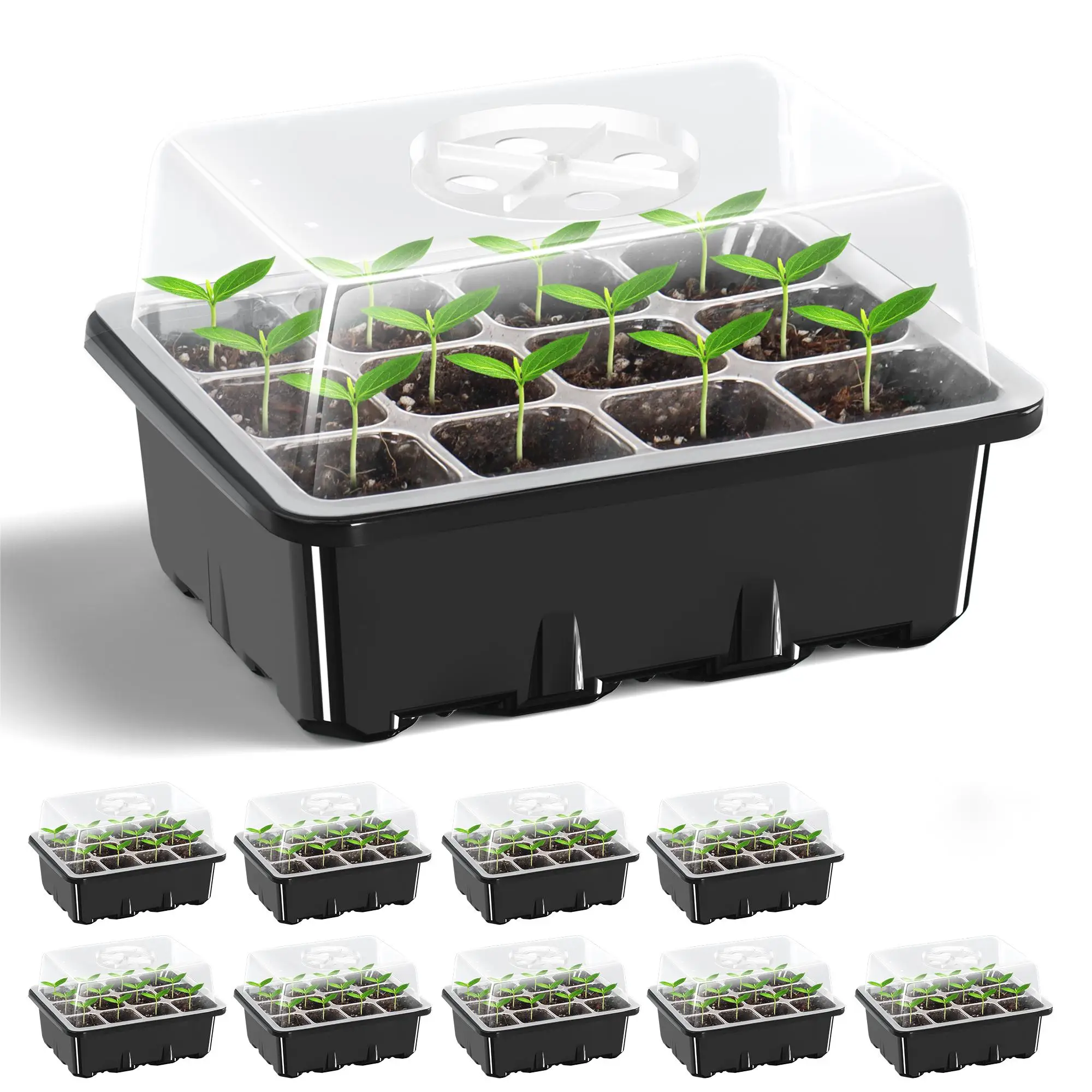 10 Packs, 12 Holes Nursery Seedling Dish, Seed Starter Tray Seed Starter Kit With Humidity Dome Plant Seedling Starter Trays Ind