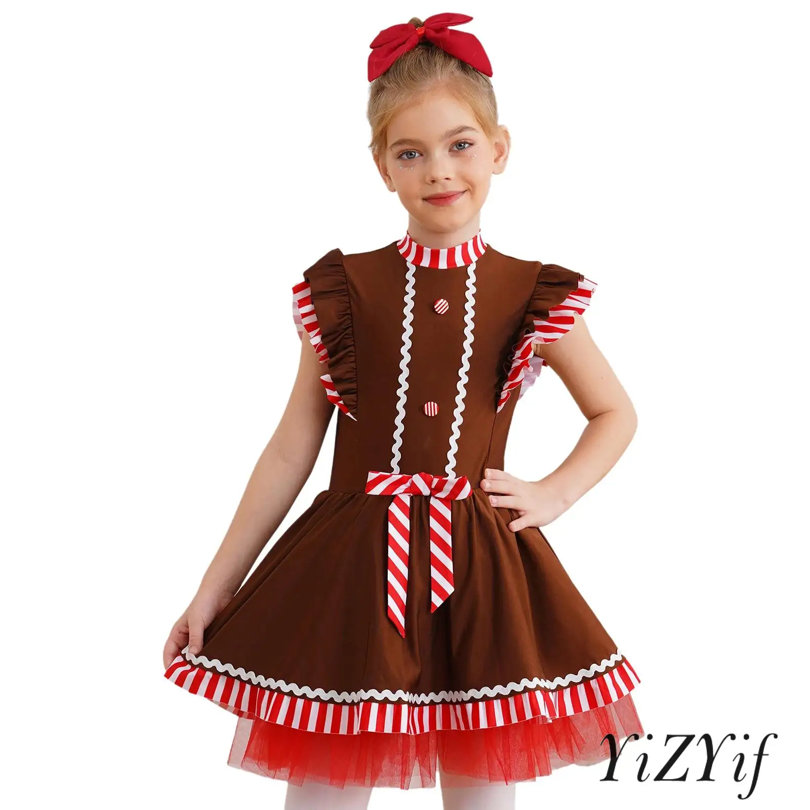 

Kids Girls Christmas Gingerbread Man Costume Flying Sleeve Stripes Tutu Dress Dance Dress Party Candy Cane Dress Up Costume
