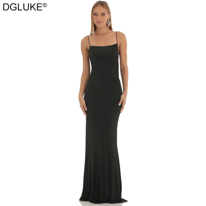 DGLUKE Sexy Black Long Dress Women Spaghetti Strap Backless Maxi Dress Square Neck Bodycon Slip Summer Dress Sundress