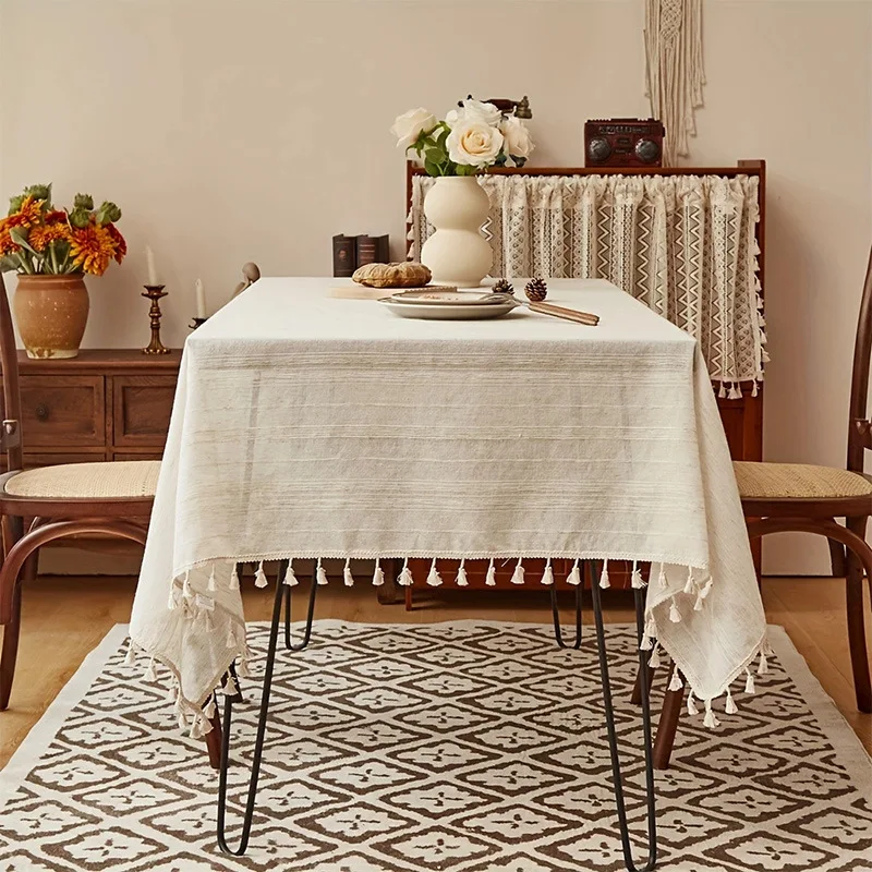 

Japan Style Elegant Tassel Tablecloth With Stripes Pattern, Friendly Beige Linen, For Holiday Wedding Party Home Decoration
