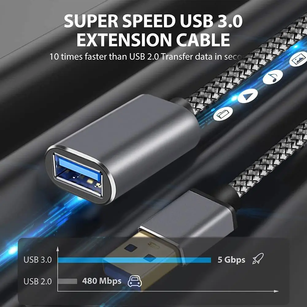 Cable de extensión USB 3 para consola de juegos, Cable de datos de carga trenzado, macho y hembra, calidad 5Gbps, 3M, 5M