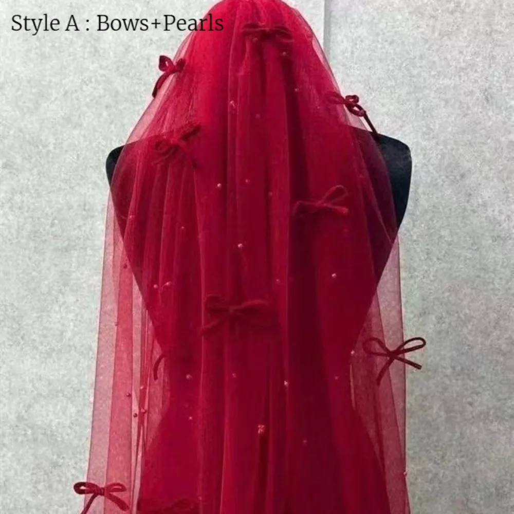 Burgundy Wedding Veil with Bows Two-Layer Bridal Veil with Pearls for Wedding Dress Wedding Accessories Bride to be
