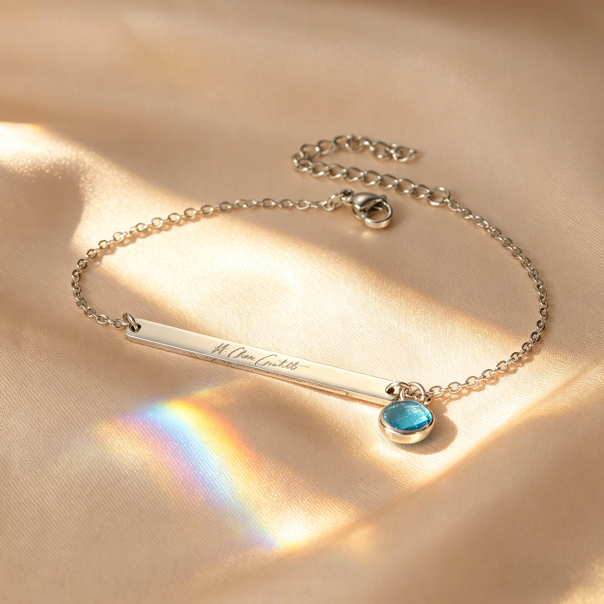 Narrow Rectangular Bar Bracelet with Side-Set Birthstone Charm 18K Gold Plated Stainless Steel Custom Engravable Minimalist Gift