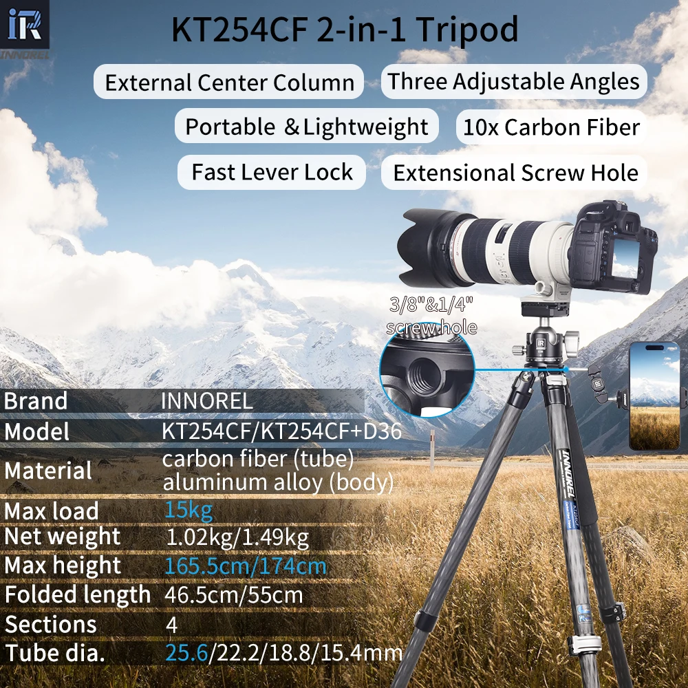 INNOREL KT254CF Professional Portable Compact Travel Fast Flip Tripod with Low Profile Ball Head for DSLR Camera Video Load 15kg