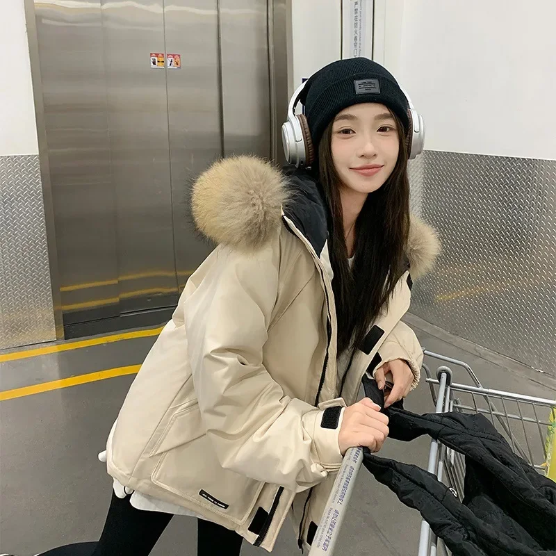 PinkyIsBlack 2024 Korean New Down Cotton-padded Jacket Women's Short Tooling Winter Parkas Jacket Thick Fur Hooded Women Clothes