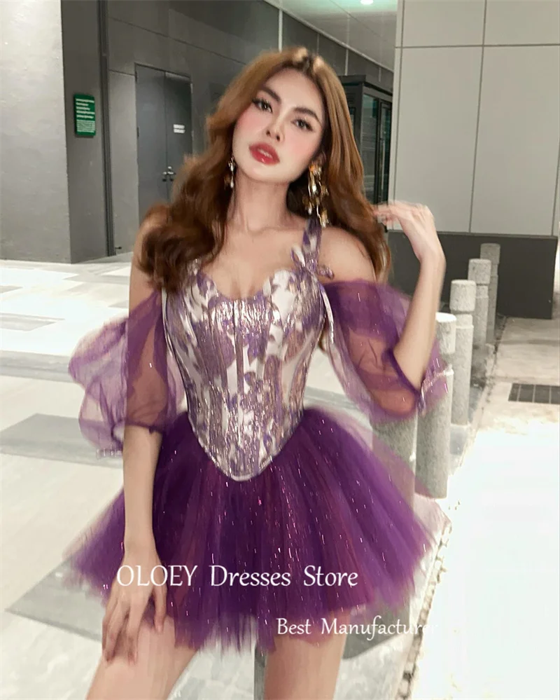 OLOEY  Shiny Purple Tulle Mini Short Prom Party Dresses Short Sleeves Sparkly Cocktail Dress Formal Evening Summer Skirt 2025