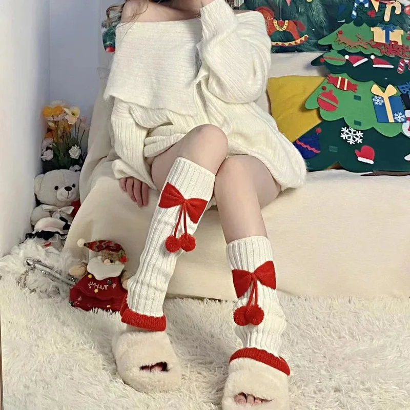 Harajuku Y2k Girls Cute Bow Plush Ball Leg Warmers Socks Japanese Lolita Kawaii Sweet JK Pink Ruffles Knitted Warm Leg Cover