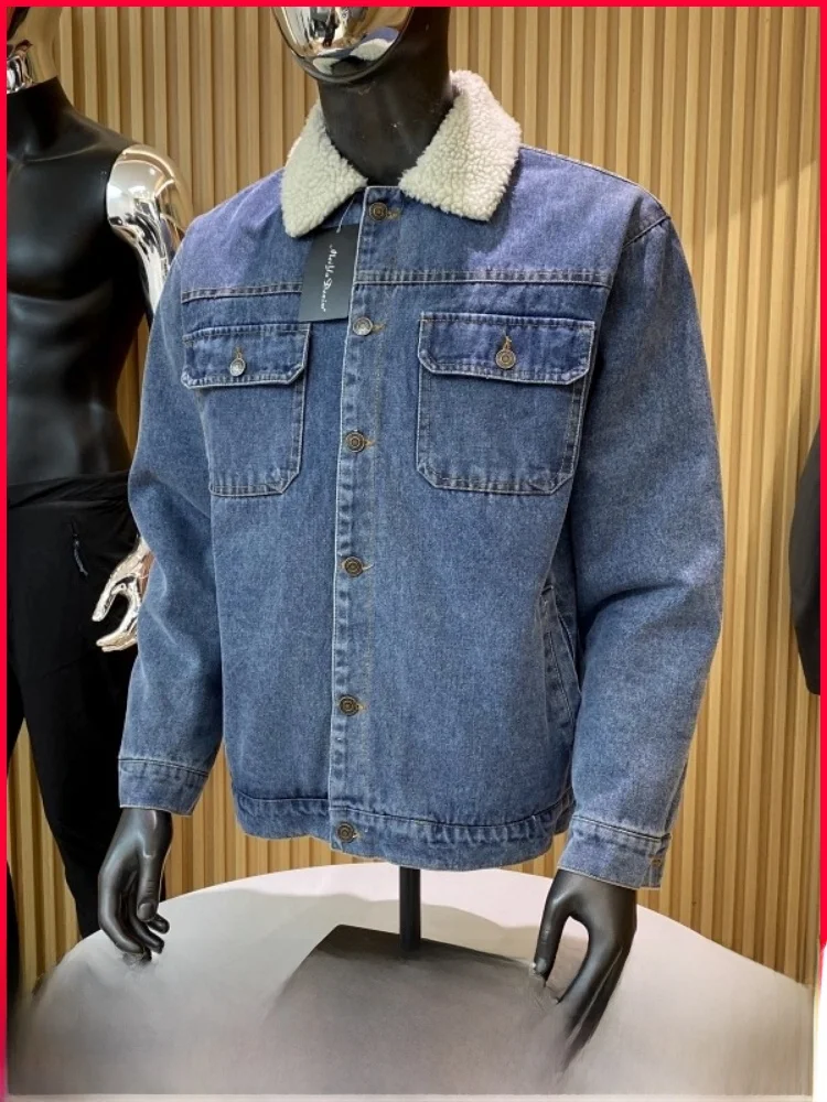 

Lamb Fce Lined Men's Denim Jaet Vintage Japanese Sle Winter New Arrival Faionable Stand Fit Cotton Polyester Blend