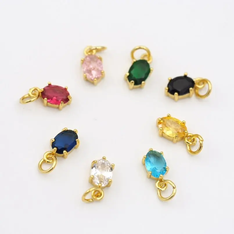 10Pcs Pendant Copper Charms Oval Green Gold Color Cubic Zirconia Invisible Setting Approx 5.7x13.8mm Jewelry Special Gift