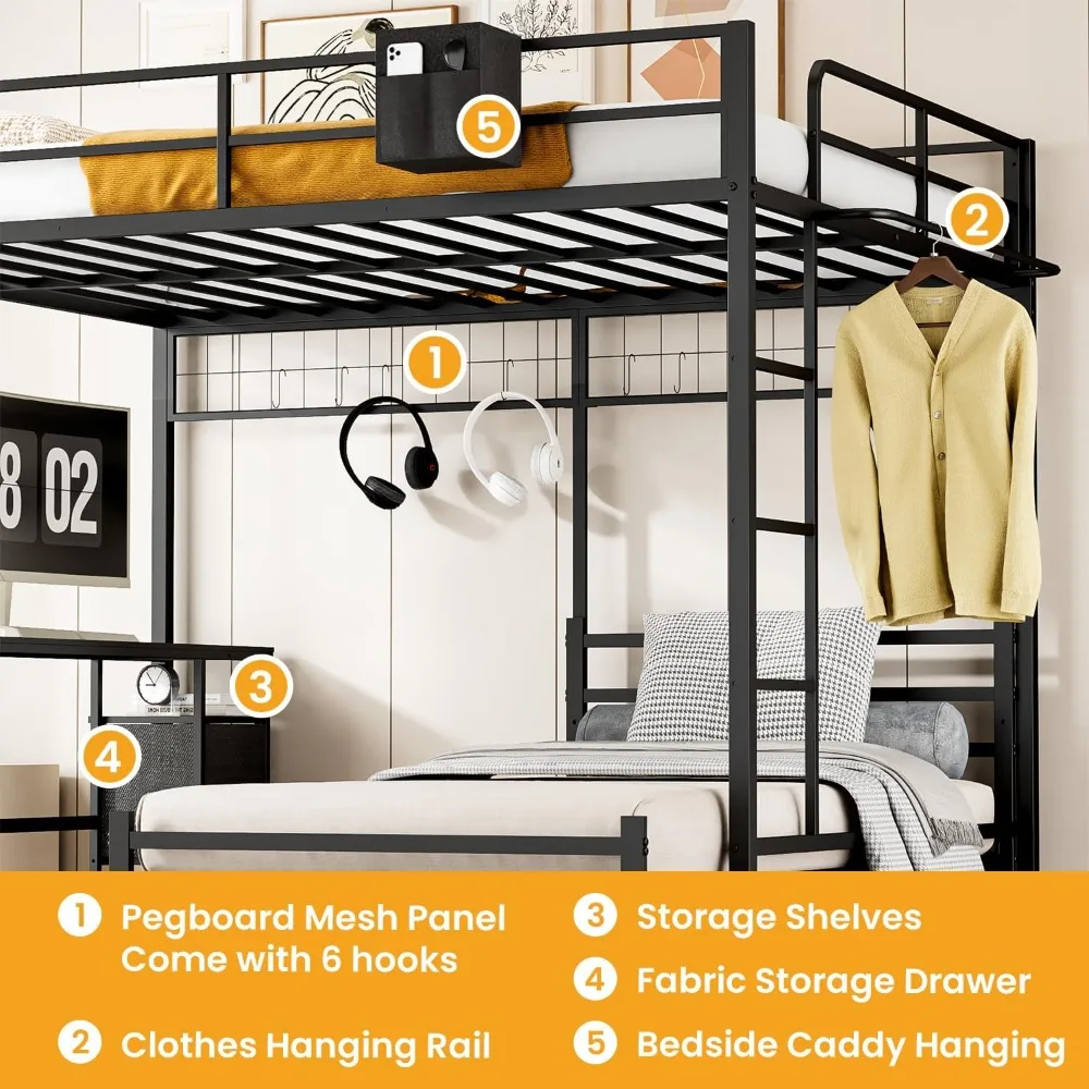 سرير بطابقين مزدوج على شكل حرف L مع مكتب وتخزين - سرير علوي قابل للفصل مع أدراج ورفوف، يخلق مكتبًا منزليًا واسعًا