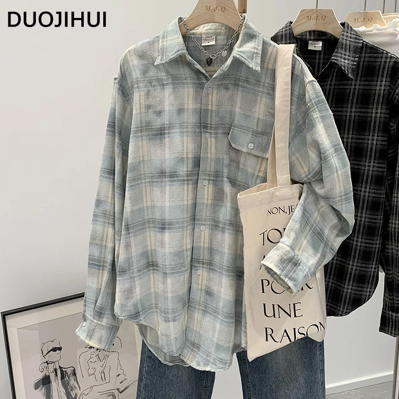 DUOJIHUI American Vintage Chicly Polo Neck Simple Women Shirt Autumn Classic Plaid Fashion Spell Color Loose Casual Female Shirt