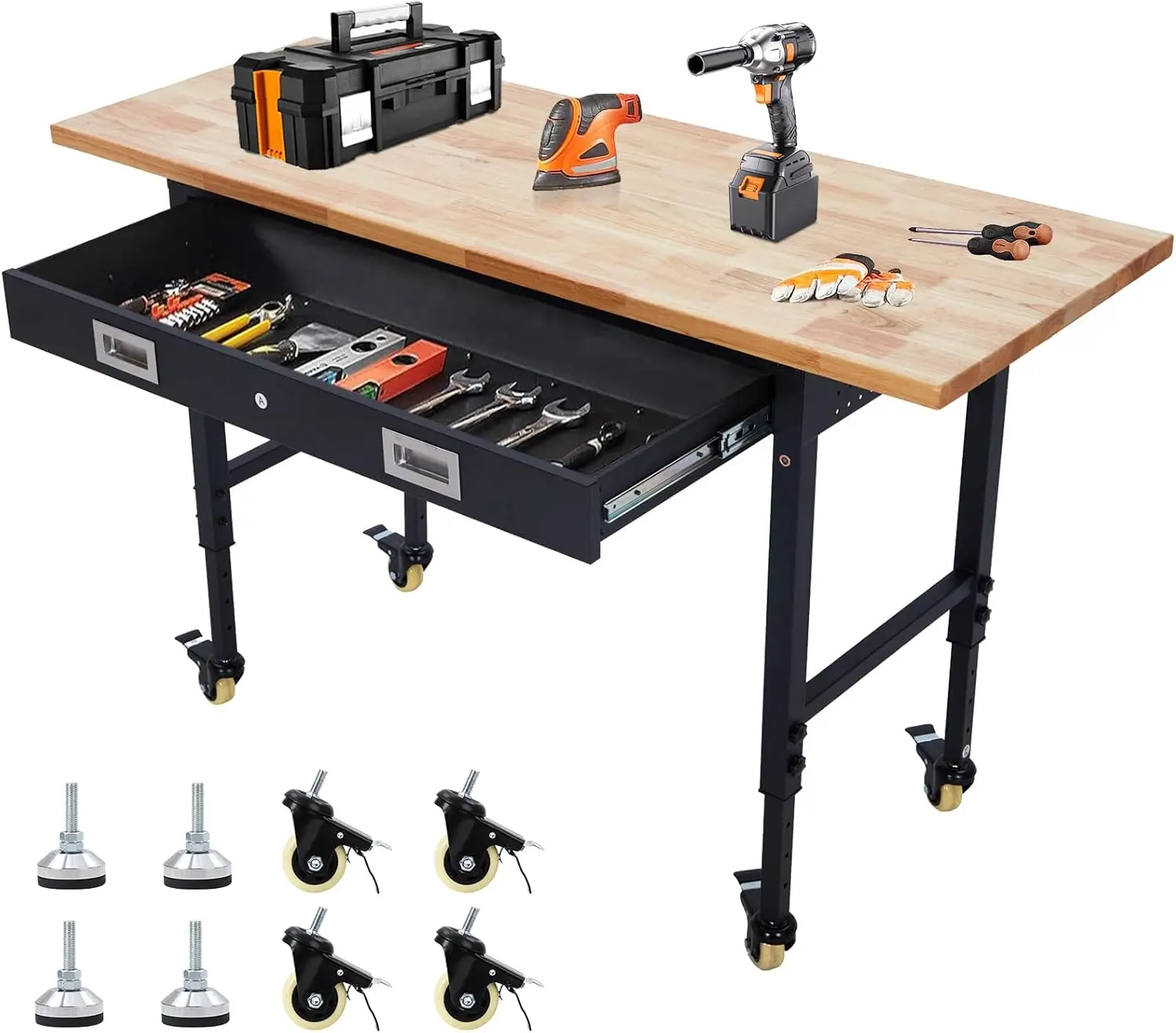 

Workbench with Drawer Storage, Rubber Wood Top Workbench Adjustable Heavy Duty, Rolling Worktable