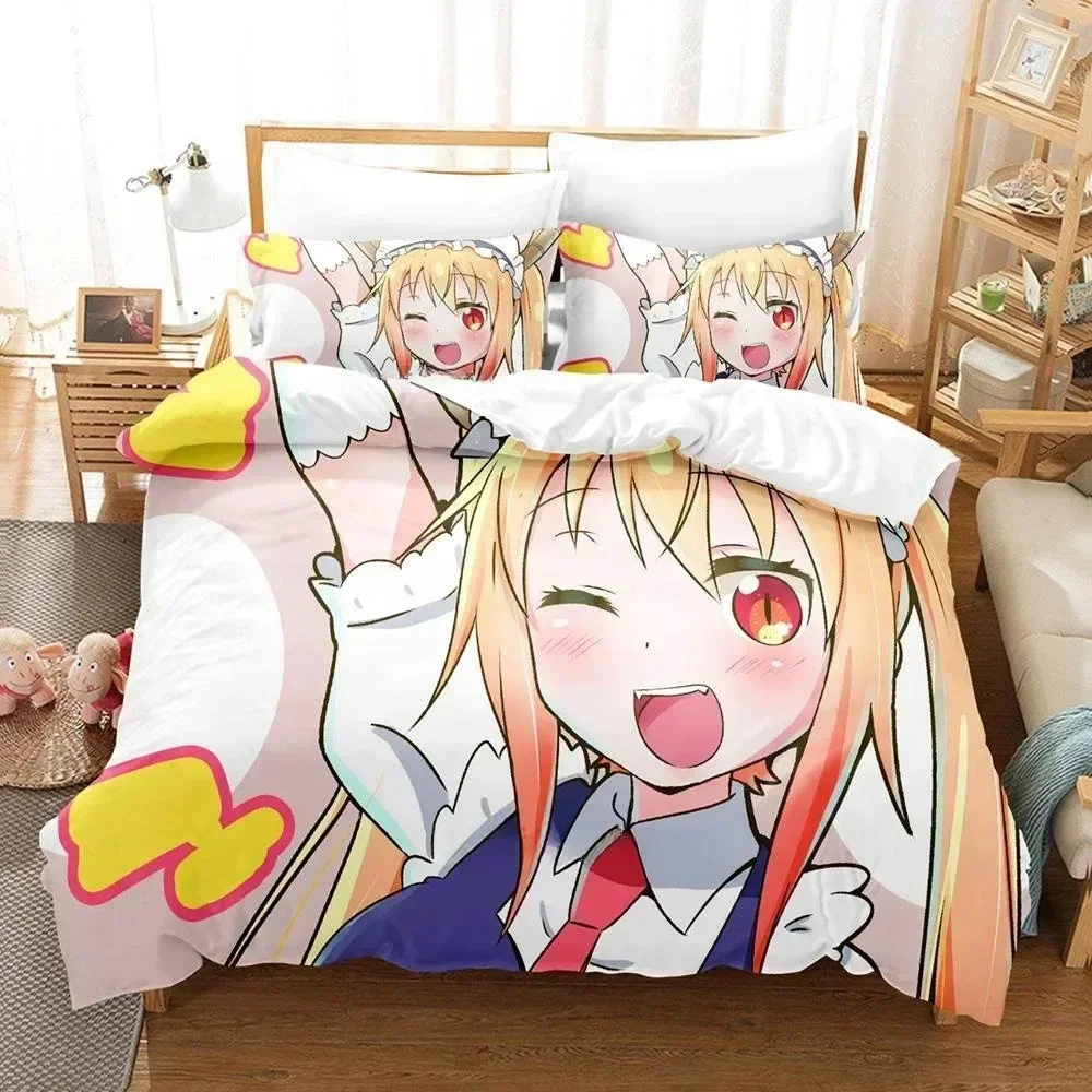 3D Kawaii Girl Miss Kobayashi's Dragon Maid Bedding Set Anime three-piece set Adult Kid Bedroom Duvet cover Sets Home Textiles