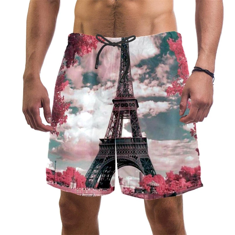 2024 Novelty Paris Eiffel Tower 3D Print Sport Shorts Mens Designer Clothes Women Pretty Hawaii Swim Trunks Harajuku Ice Shorts