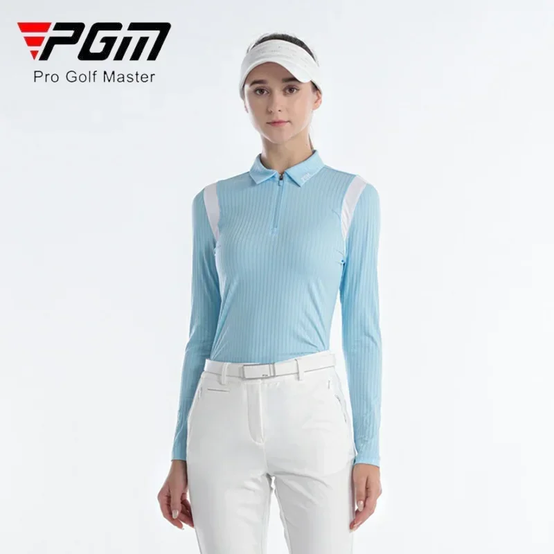 PGM Women Patchwork Golf Shirt Ladies Stripe Long Sleeve T-shirt Women Slim Zipper Collar Tops Elastic Breathable Sportswear