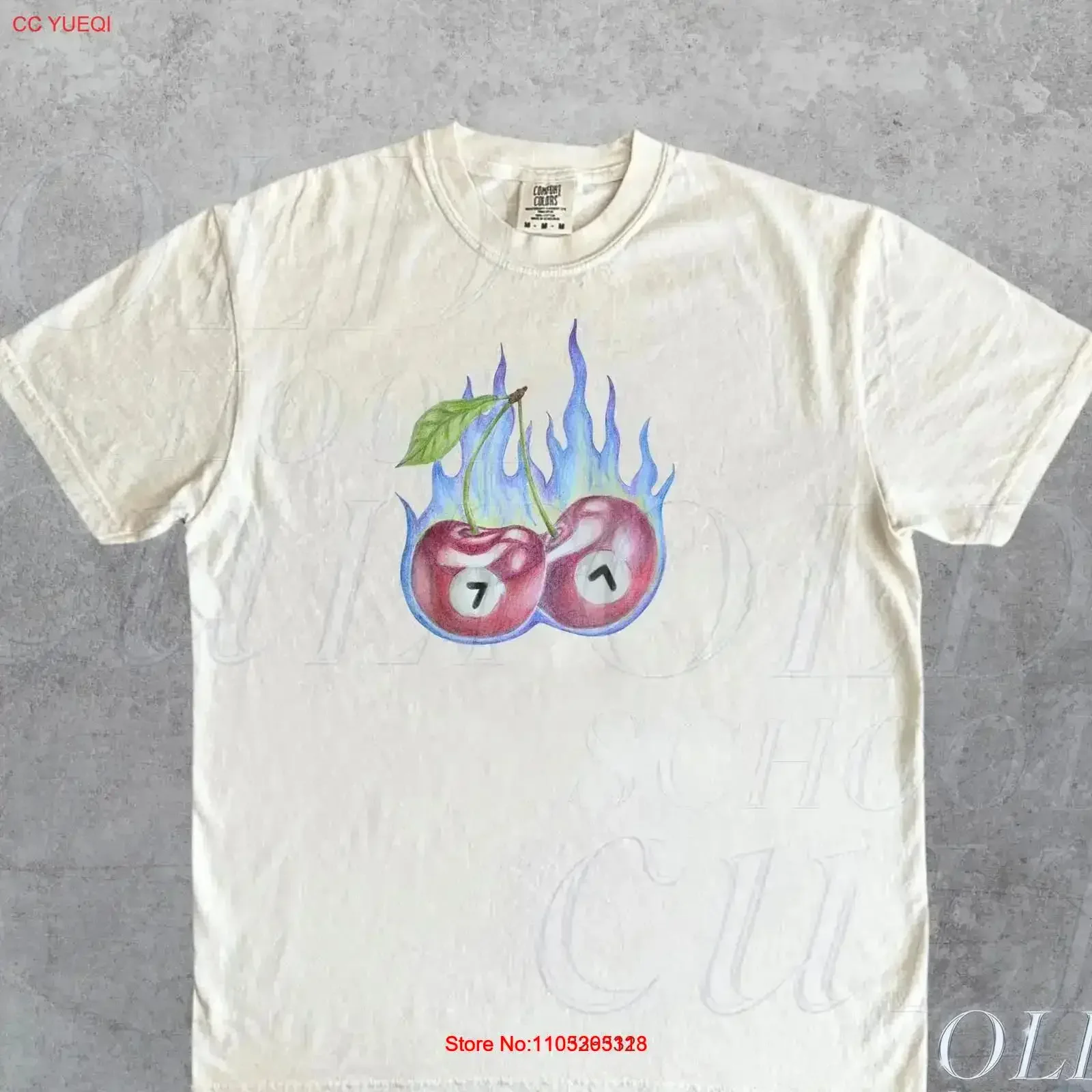 7 Ball Cherry On Fire Vintage Style T Shirt Retro Y2k Lucky Cute Hand Drawn s Billard 8 Washed Versatile fashion vintage