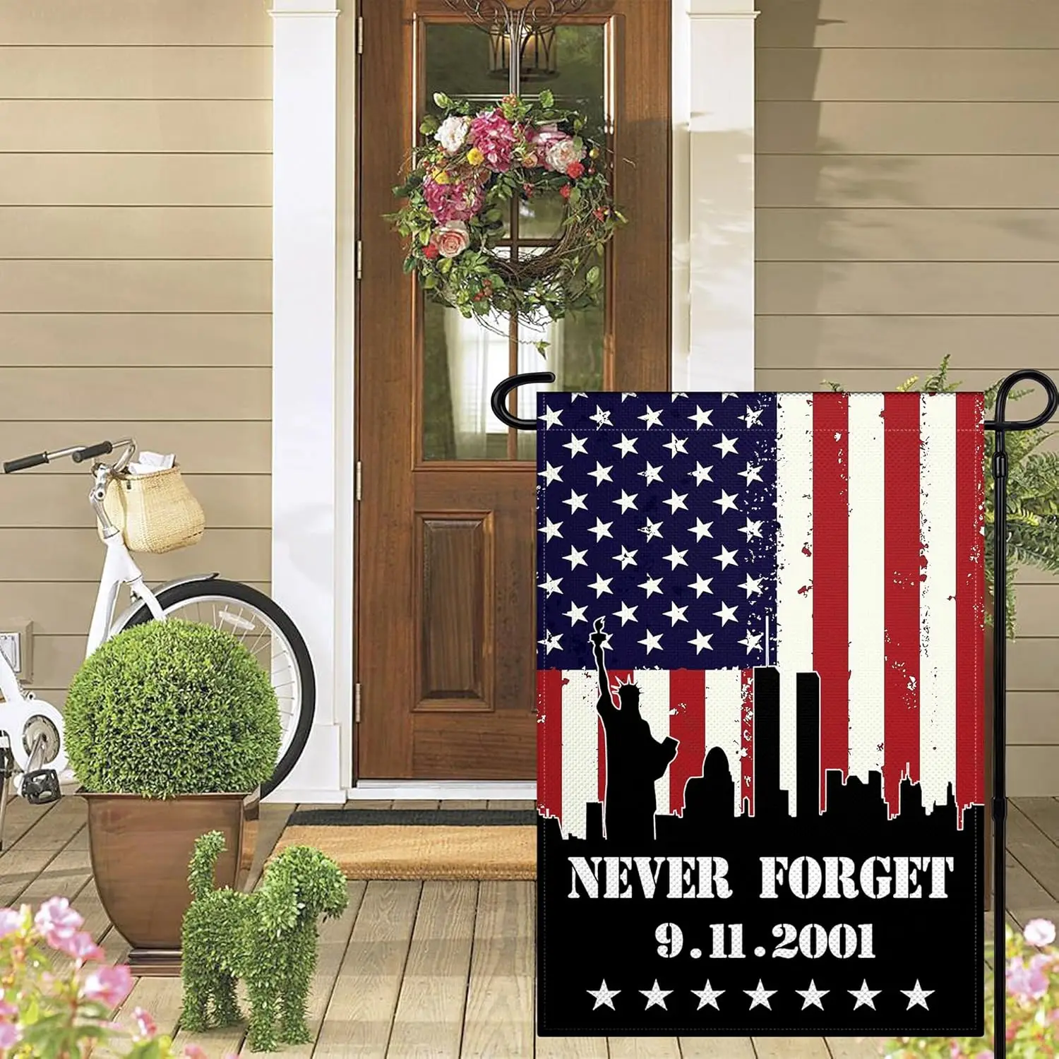 We Will Never Forget Garden Flag 12x18 Inch 9/11 Garden Flag 3ply Polyester Double Sided 911 Memorial Flag Of Heroes for Outdoor