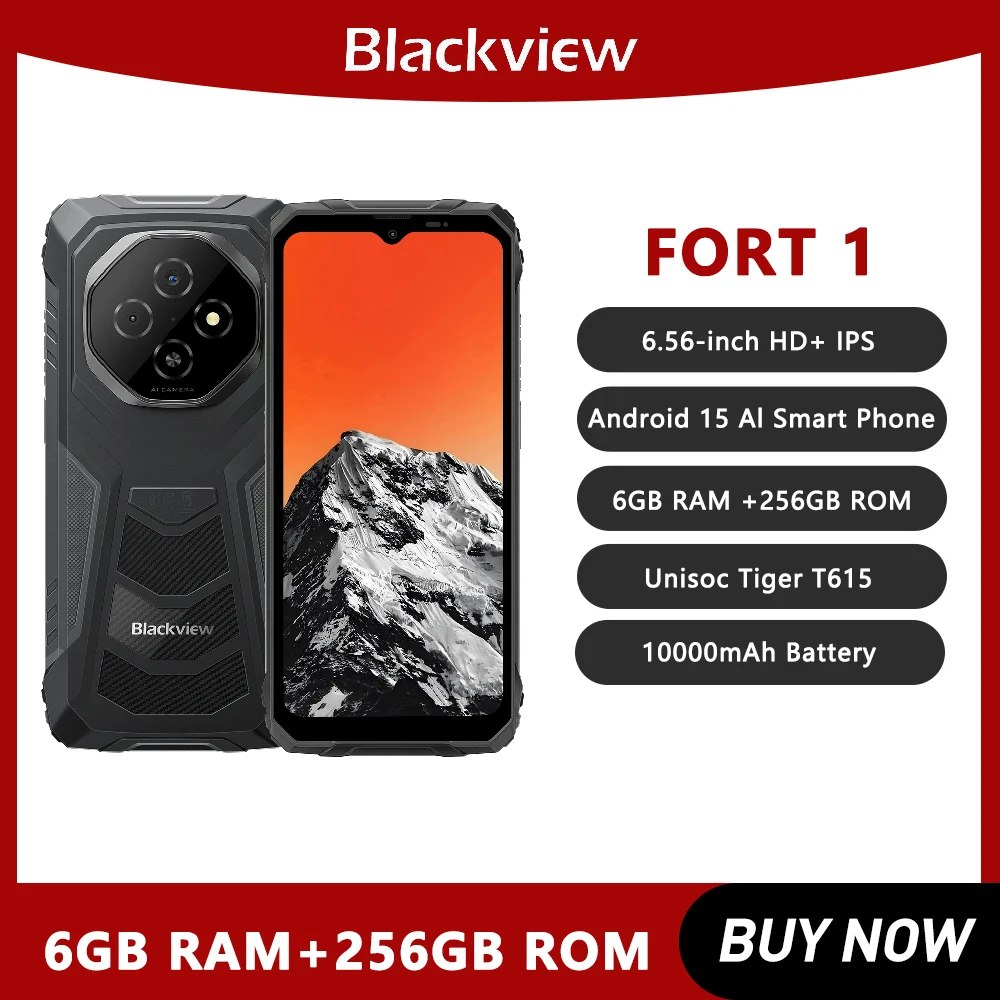 Blackview FORT 1 4G Rugged Phone AI 10000mAh Battery 6.56 Inch HD+ Display Unisoc T615 8GB RAM 256GB Smartphone Android 15 NFC