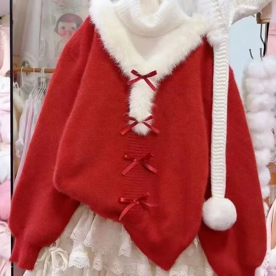 Autumn Winter Sweet Kawaii Peter Pan Collar Patchwork Sweater Women Japanese Fashion Vintage Knit Tops Y2k Cute Bow Pullover