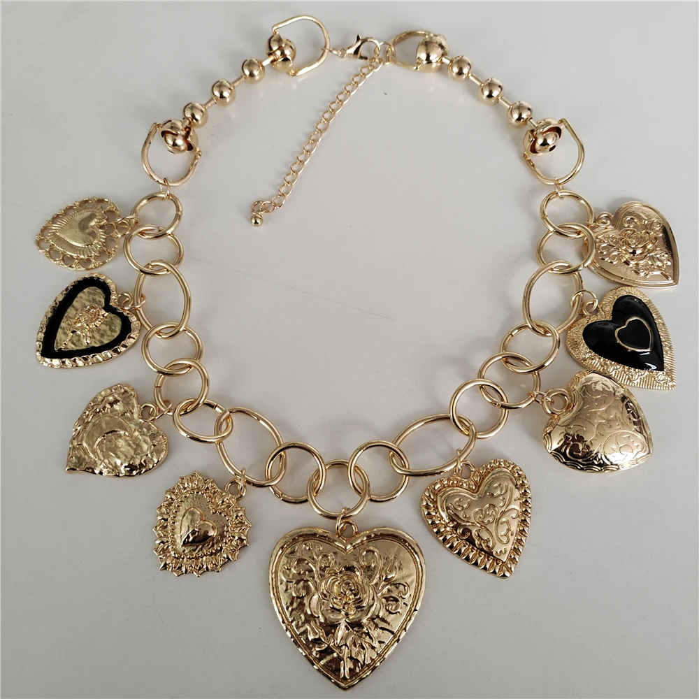 Indian Vintage Gold Plated Heart Shape Pendants Necklaces Women Chunky Chain Black Enamel Statement Choker Necklace Jewelry 2026