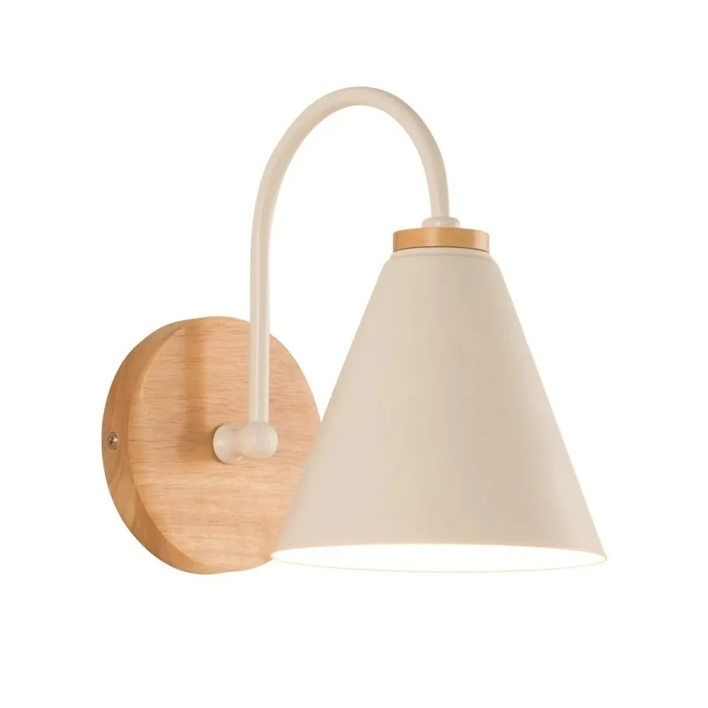 Modern AC 85-265V Wall Lamp Curved Wooden Base Wall Sconce No Light Source Conical Iron Shade Wall Light Loft Spaces