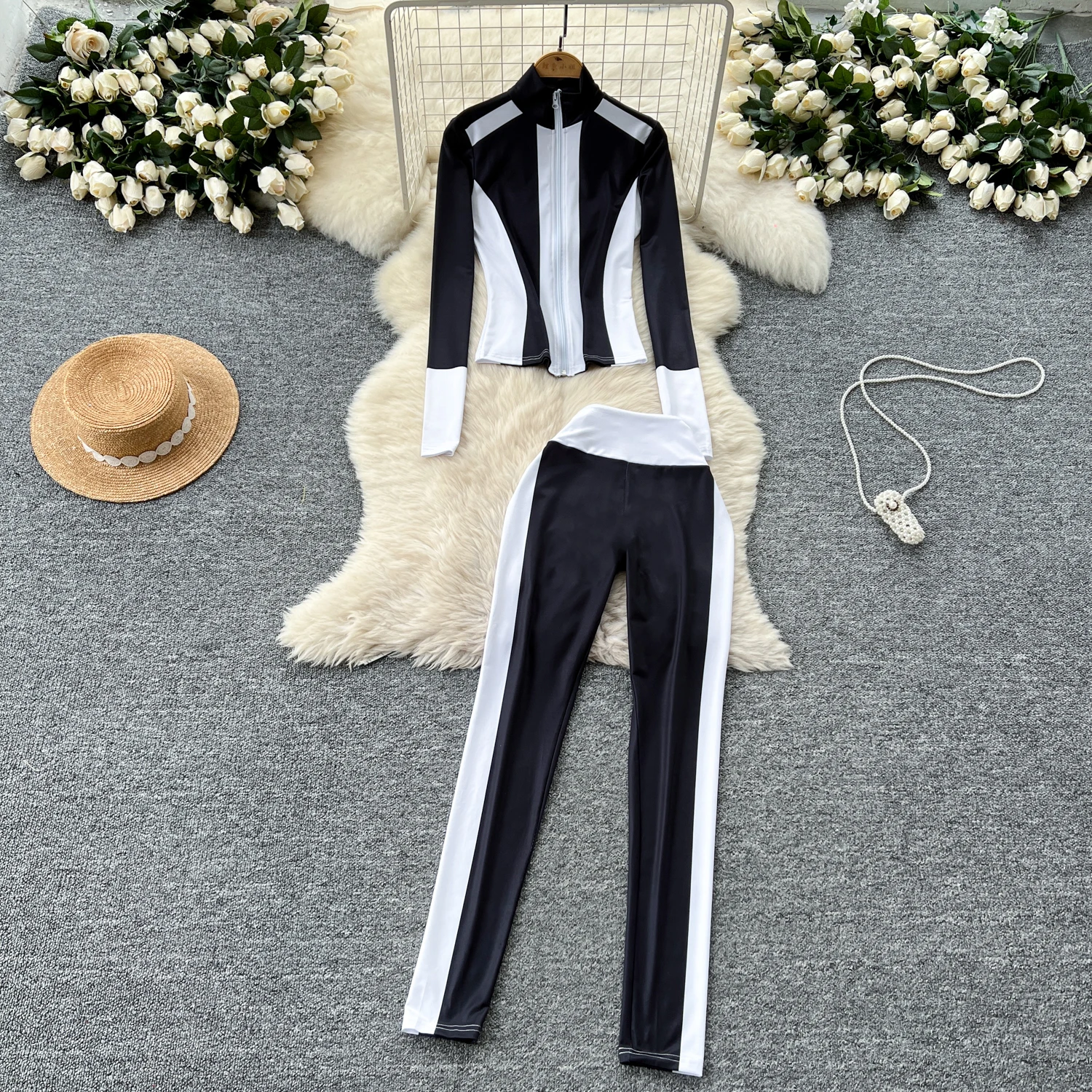 

Sexy Two Pieces Sets Chic Casual slim Pleated patchwork striped Top with Fashion Hotsweet High Waist Wide Leg Pant Sets