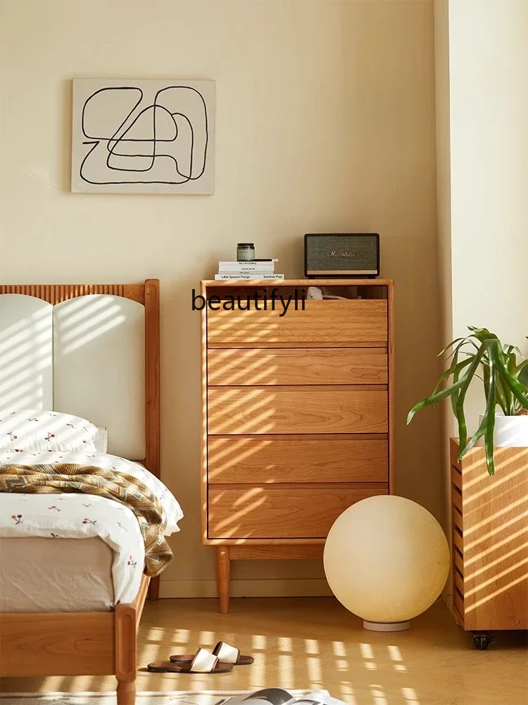 

Cherry wood chest of drawers Solid wood retro bedroom Nordic living room Storage side cabinet